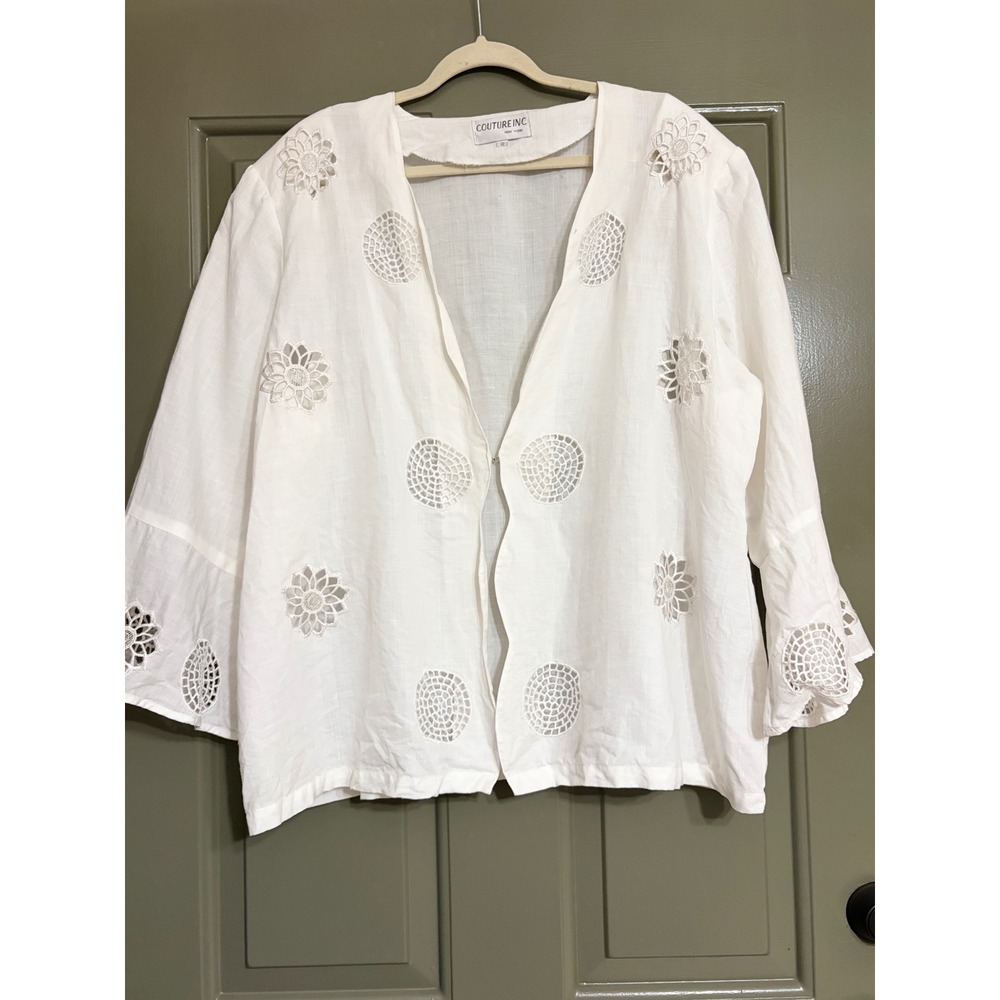 Couture Inc | 100% Linen Eyelet Bell Sleeve Open plus size Jacket | 22 || White|
